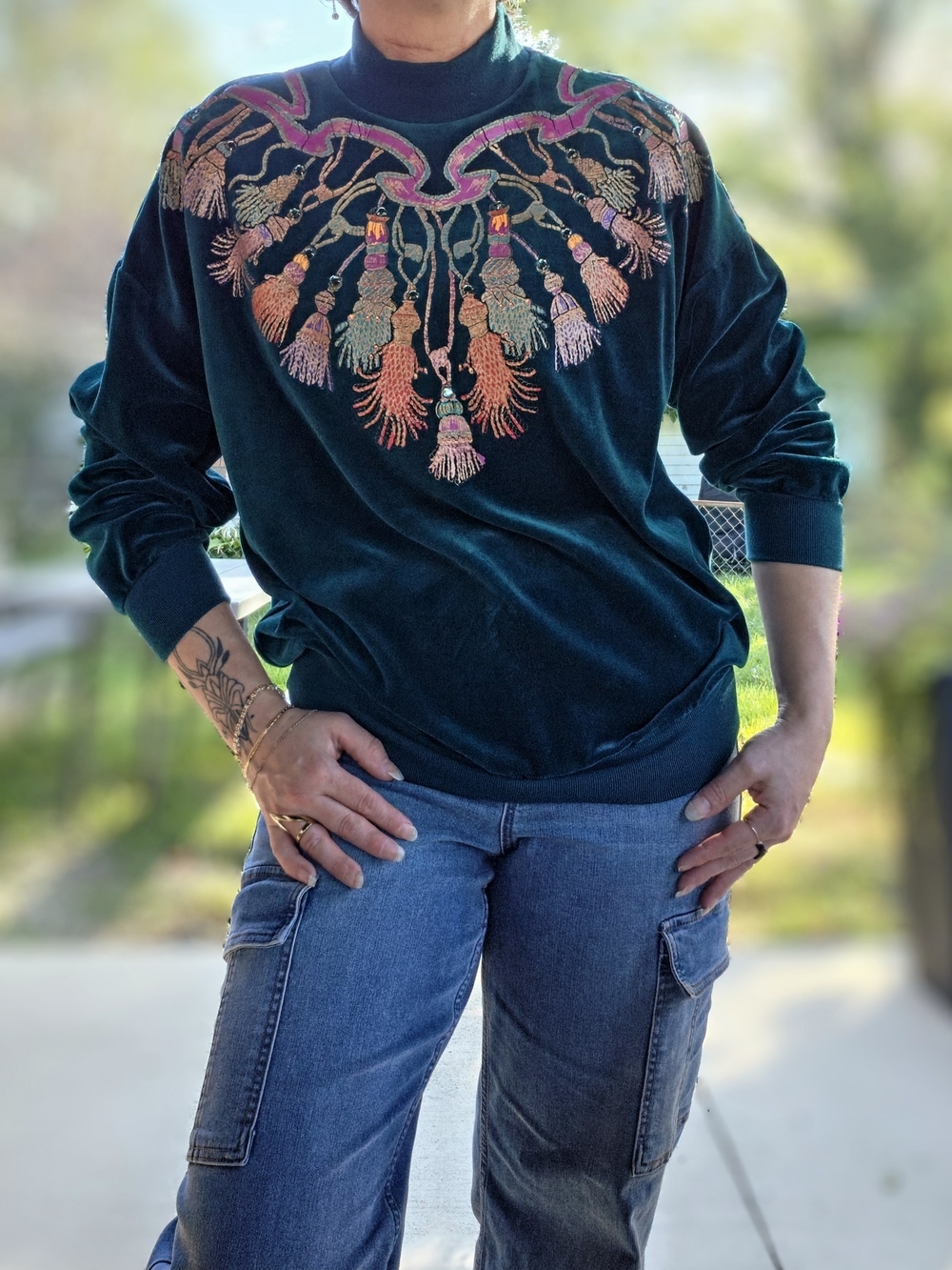 90s Vintage Rafael Velour Turtleneck Sweater with Multicolor Tassel Embroidery